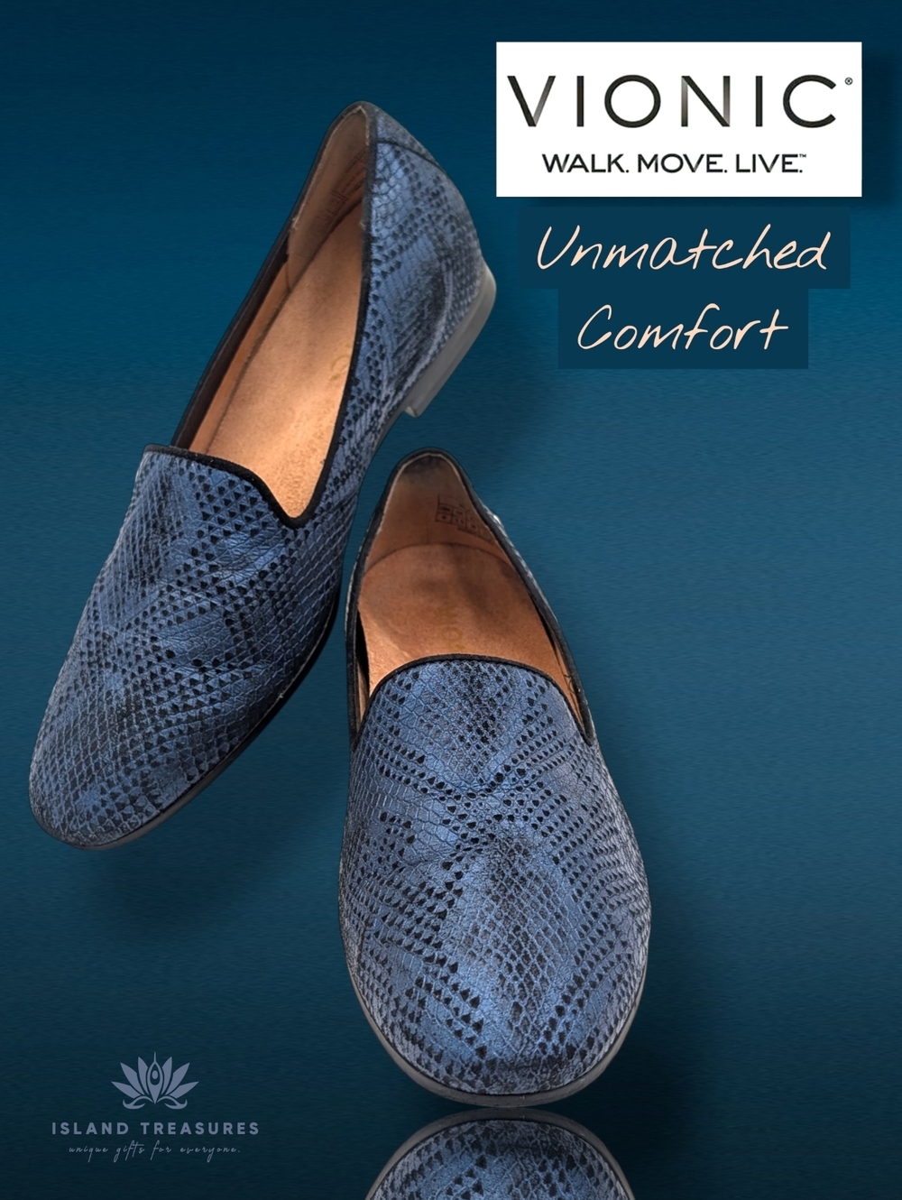 Vionic North "Willa 2" Sz 6 Metallic Blue Snakeskin Slip-On Loafer Arch Support